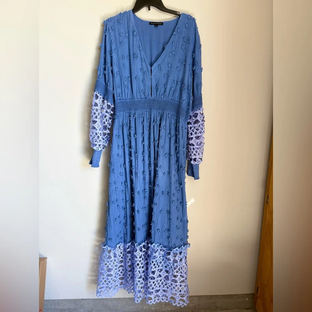 Boston Proper Navy Mixed Media Lace Maxi Dress XL - Picture 1 of 10